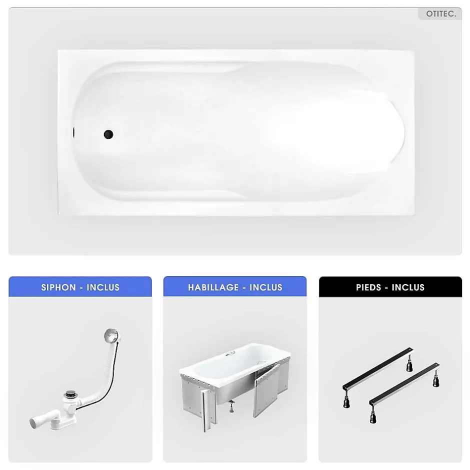 Besco Baignoire rectangulaire - 190 x 80 cm - avec Habillage - Pieds - Vidage Chrome - BONA* Baignoire Droite