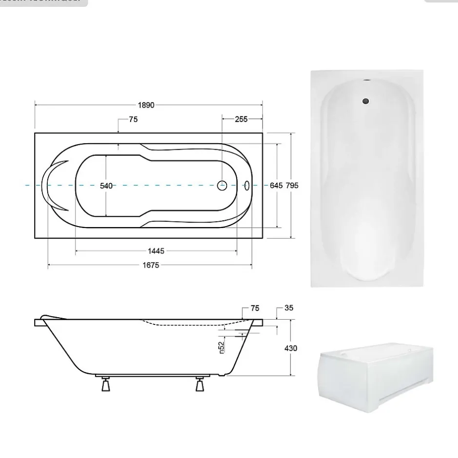 Besco Baignoire rectangulaire - 190 x 80 cm - avec Habillage - Pieds - Vidage Chrome - BONA* Baignoire Droite