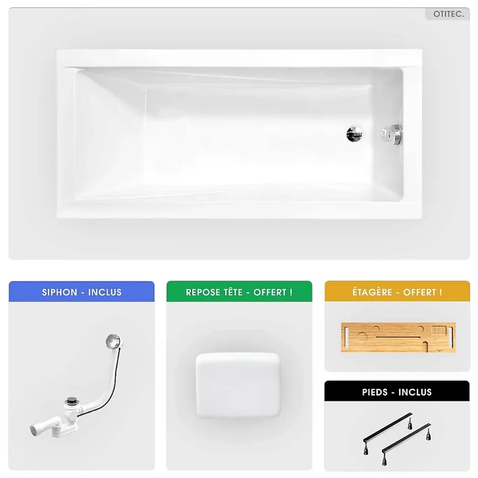 Besco Baignoire rectangulaire - 180 x 80 cm - sans Habillage - avec Pieds - Repose-tête - Étagère bambou - Vidage Chrome - MODERN* Baignoire Droite