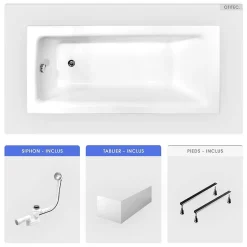 Besco Baignoire rectangulaire - 100 x 70 cm - avec Tablier Blanc - Pieds - Vidage Chrome - TALIA