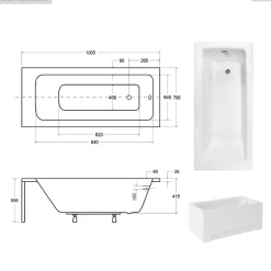 Besco Baignoire rectangulaire - 100 x 70 cm - avec Tablier Blanc - Pieds - Vidage Chrome - TALIA