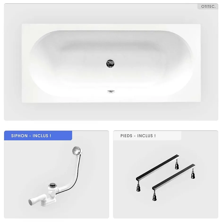 Besco Baignoire rectangulaire - 150 x 75 cm - sans Habillage - avec Pieds - Vidage Chrome - VITAE SLIM