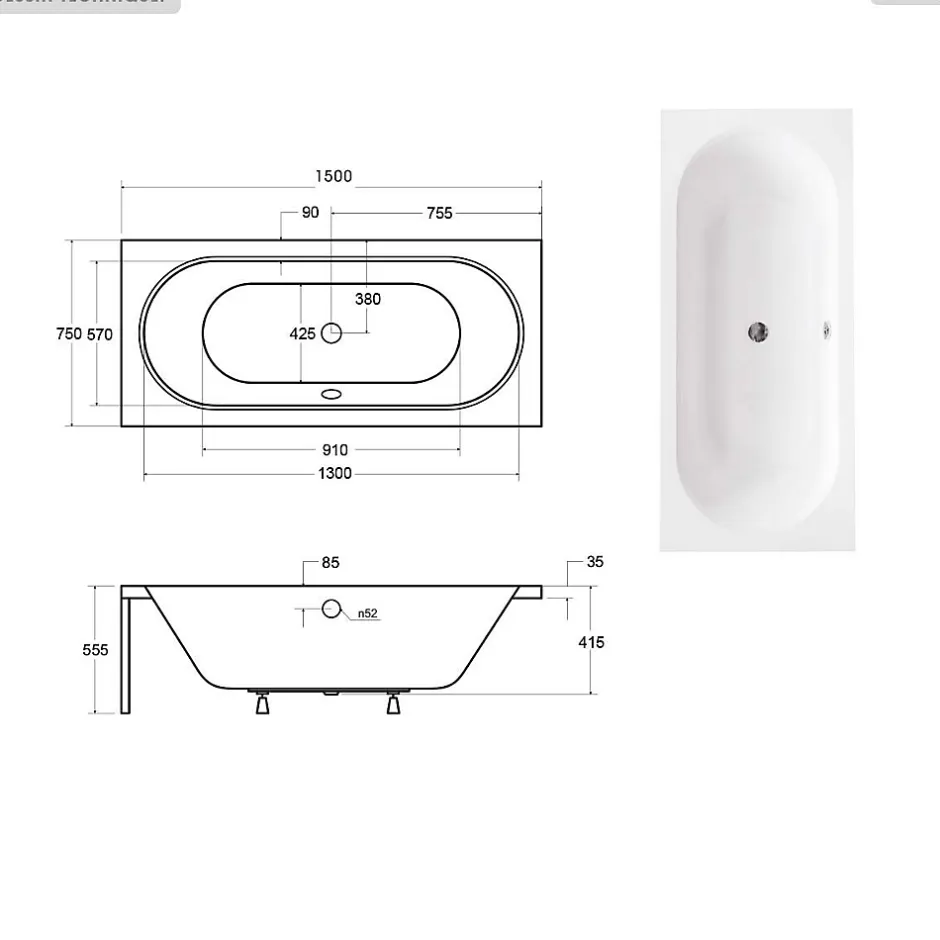 Besco Baignoire rectangulaire - 150 x 75 cm - sans Habillage - avec Pieds - Vidage Chrome - VITAE SLIM