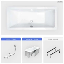 Besco Baignoire rectangulaire - 190 x 90 cm - avec Habillage - Pieds - Vidage Chrome - QUADRO SLIM* Baignoire Droite