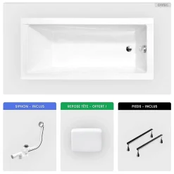 Besco Baignoire rectangulaire - 130 x 70 cm - sans Habillage - avec Pieds - Repose-tête - Vidage Chrome - MODERN