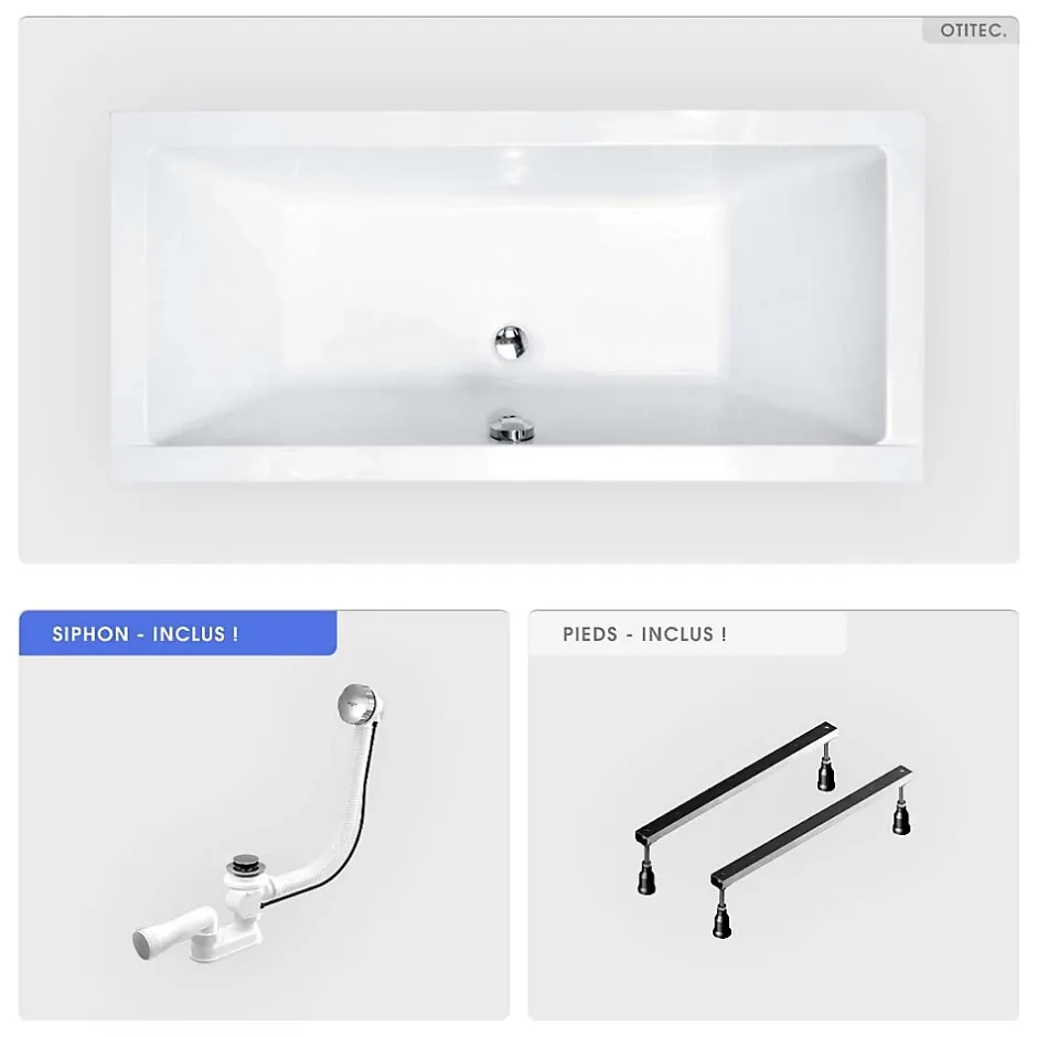Besco Baignoire rectangulaire - 190 x 90 cm - sans Habillage - avec Pieds - Vidage Chrome - QUADRO* Baignoire Droite