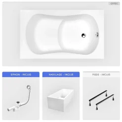 Besco Baignoire rectangulaire - 120 x 70 cm - avec Habillage Polystyrène - Pieds - Poignées - Vidage Chrome - ARIA REHAB* Baignoire Droite
