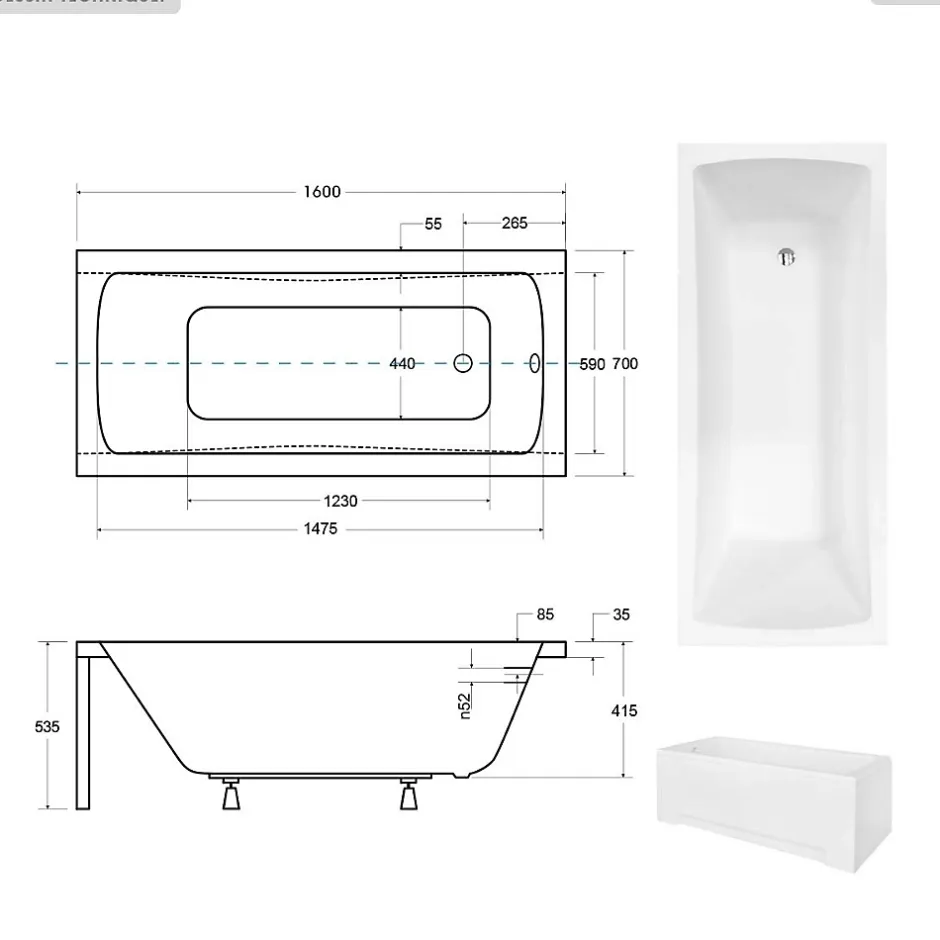 Besco Baignoire rectangulaire - 160 x 70 cm - sans Habillage - avec Pieds - Étagère bambou - Vidage Chrome - OPTIMA* Baignoire Droite