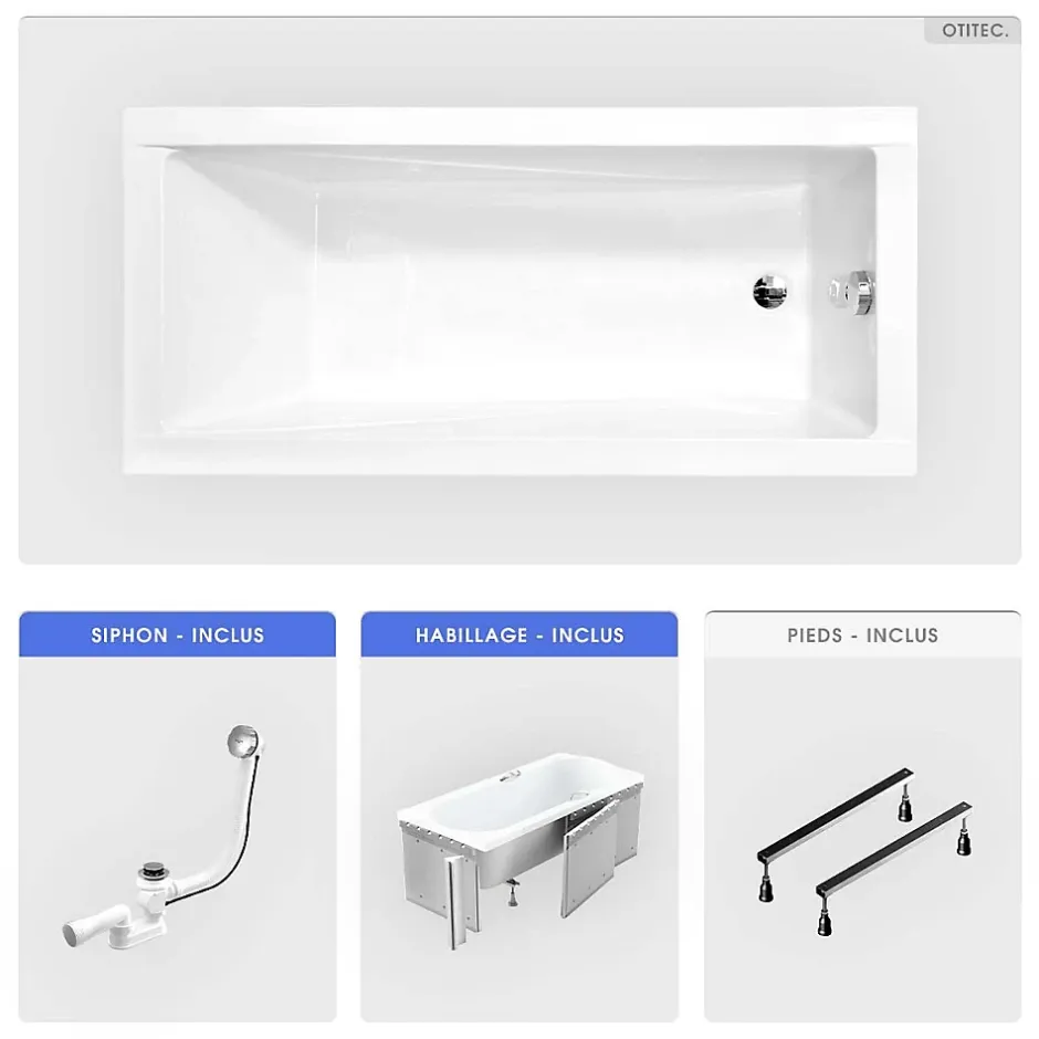 Besco Baignoire rectangulaire - 180 x 80 cm - avec Habillage - Pieds - Vidage Chrome - MODERN* Baignoire Droite