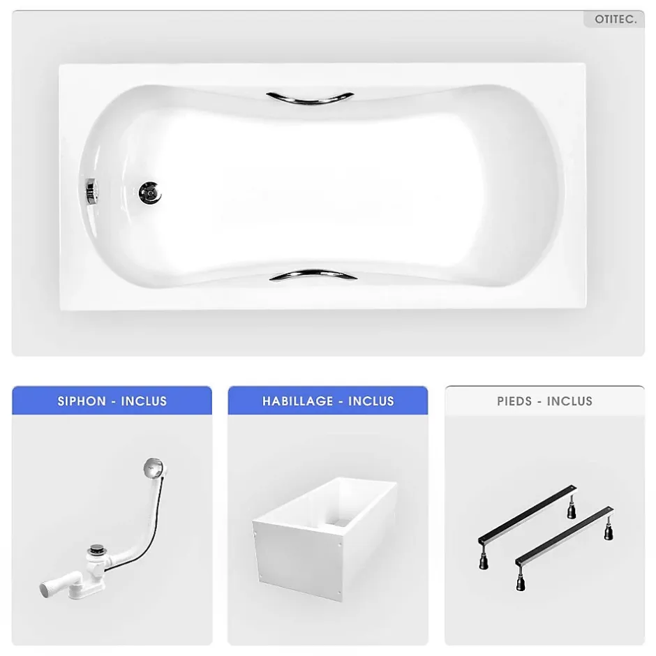 Besco Baignoire rectangulaire - 140 x 70 cm - avec Habillage Polystyrène - Pieds - Poignées - Vidage Chrome - ARIA PLUS