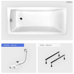 Besco Baignoire rectangulaire - 170 x 70 cm - sans Habillage - avec Pieds - Vidage Chrome - OPTIMA* Baignoire Droite