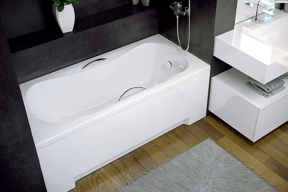 Besco Baignoire rectangulaire - 170 x 70 cm - sans Habillage - avec Pieds - Poignées - Vidage Chrome - ARIA PLUS