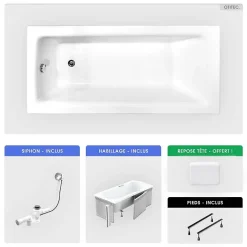 Besco Baignoire rectangulaire - 170 x 75 cm - avec Habillage - Pieds - Poignées - Repose-tête - Vidage Chrome - TALIA PREMIUM* Baignoire Droite
