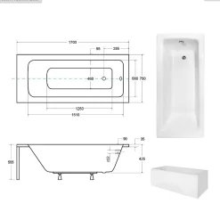 Besco Baignoire rectangulaire - 170 x 75 cm - avec Habillage - Pieds - Poignées - Repose-tête - Vidage Chrome - TALIA PREMIUM* Baignoire Droite