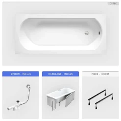 Besco Baignoire rectangulaire - 170 x 75 cm - avec Habillage - Pieds - Vidage Chrome - INTRICA SLIM