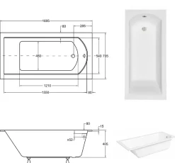 Besco Baignoire rectangulaire blanche à encaster - SHEA SLIM - 170 x 70 cm* Baignoire Droite