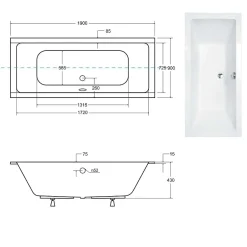 Besco Baignoire rectangulaire blanc à encastrer - Repose Tête OFFERT - QUADRO SLIM - 190 x 90 cm