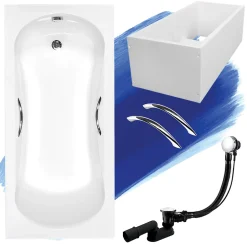 Badland Baignoire rectangulaire 160x70 ARIA PLUS acrylique blanc+Support stabilisateur en polystyrène + Poignées + Pieds + Vidage à chromé* Baignoire D'Angle