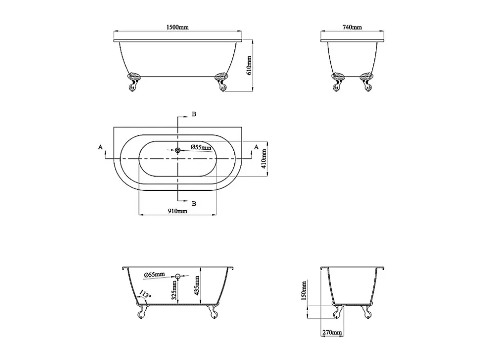 Vente-unique Baignoire semi îlot rétro avec pieds d'aigle - Bleu brillant - 154L - 150 x 74 x 61 cm - SPARUS