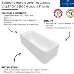 Villeroy & Boch Baignoire semi-îlot d'angle Loop & Friends version droite avec bonde et trop-plein blanc* Baignoire D'Angle
