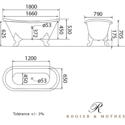 Rogier & Mothes Baignoire sur pieds en fonte BRADFORD Blanche 180 cm Pieds chromes* Baignoire Îlot