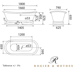 Rogier & Mothes Baignoire sur socle en fonte emaillee SOUTHPORT Noire 180 cm Peinture noire (baignoire et socle)* Baignoire Îlot