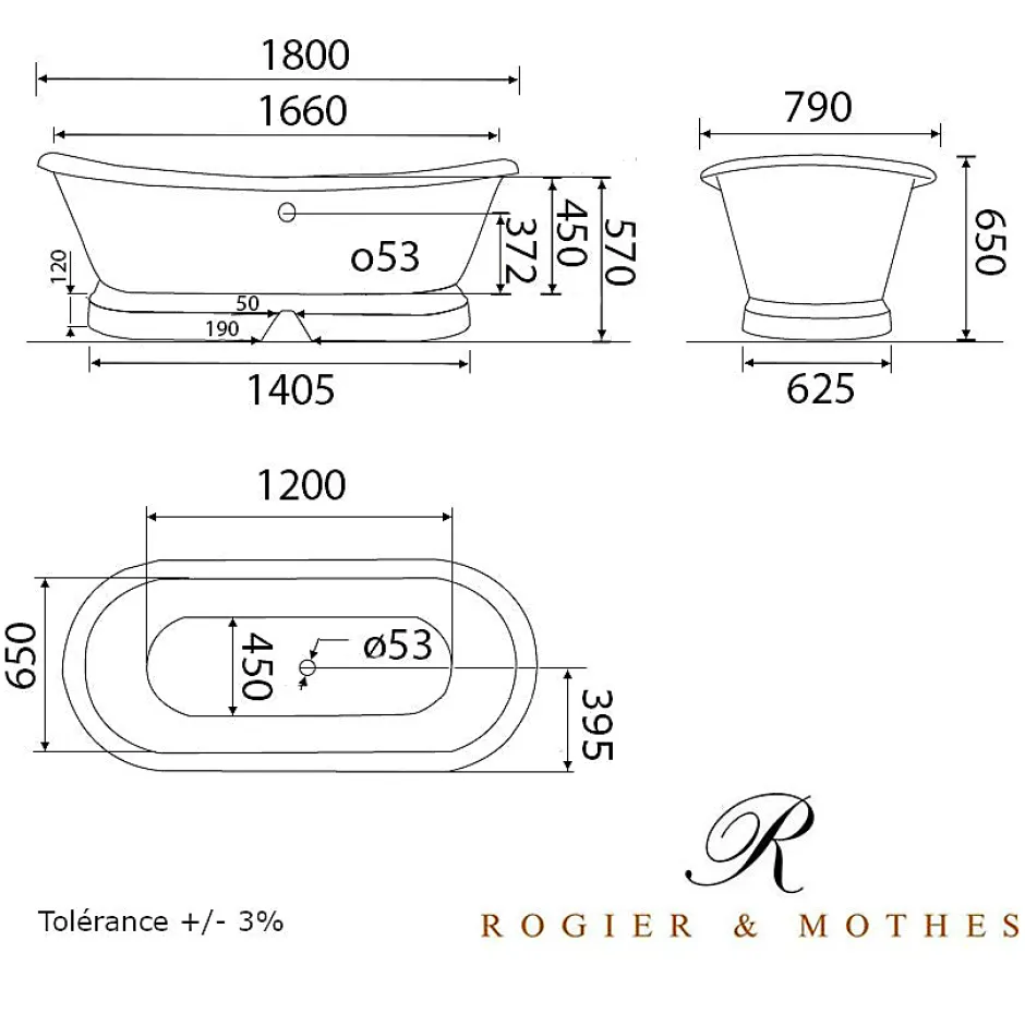 Rogier & Mothes Baignoire sur socle en fonte emaillee SOUTHPORT Noire 180 cm Peinture noire (baignoire et socle)* Baignoire Îlot