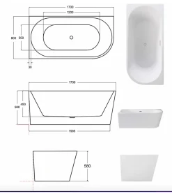 Azura Home Design Baignoire ZOYA angle droit - 170 x 80 cm* Baignoire Îlot