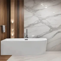 Balneo - baignoire îlot d'angle gauche 150x75 cm AVOLA avec cache trop-plein et bonde anthracite