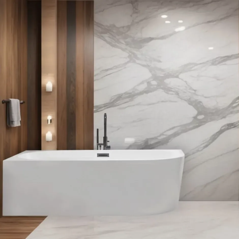 Balneo - baignoire îlot d'angle gauche 150x75 cm AVOLA avec cache trop-plein et bonde anthracite
