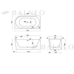 Balneo - baignoire îlot d'angle gauche 150x75 cm AVOLA avec cache trop-plein et bonde anthracite