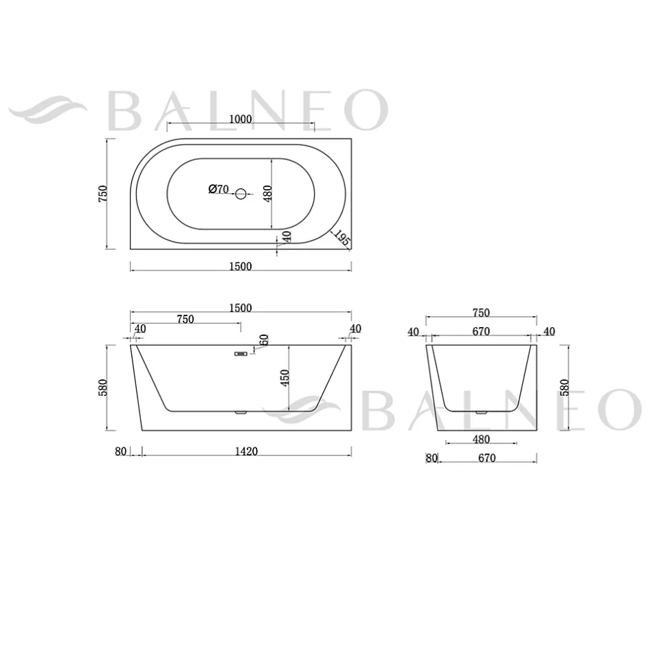 Balneo - baignoire îlot d'angle gauche 150x75 cm AVOLA avec cache trop-plein et bonde anthracite