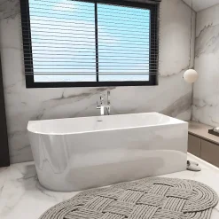 Balneo Baignoire semi-îlot Murale 160x80cm droite, blanc, Acrylique thermoformé 3.5mm, avec pieds réglables, AVOLA* Baignoire Asymétrique