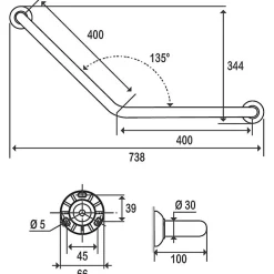Pellet Barre d'appui coudée à 135 degrés - 400 x 400 mm - Diamètre 30 mm - aluminium époxy blanc - ASC