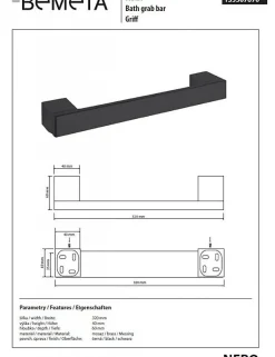 Bemeta Barre d'appui de douche NERO en laiton noir 32 x4 x6 cm