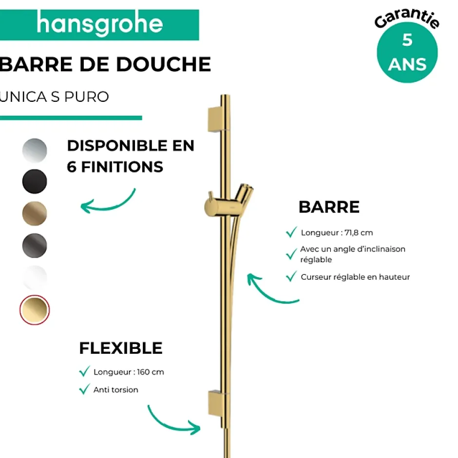 Hansgrohe Barre de douche Unica S Puro 65 cm avec flexible Aspect doré poli