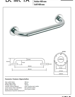Bemeta Barre de maintien de douche HELP en acier inoxydable-48x8x10,6cm--