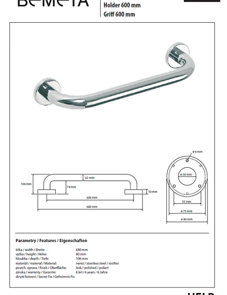 Bemeta Barre de maintien de douche HELP en acier inoxydable-68x8x10,6cm--* Barre D'Appui
