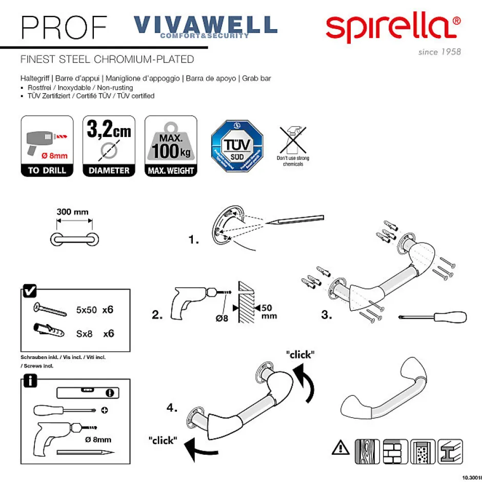 Spirella Barre de redressement ou d'appui PROF Acier Inox 30cm Chrome