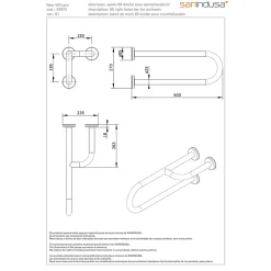 Sanindusa Barre de relèvement et appui en U avec renfort latéral à droite PMR normes handicapé NewWCCare 60 inox brossé* Barre D'Appui
