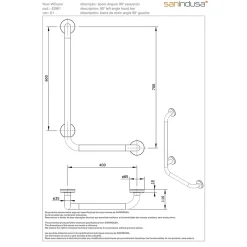Sanindusa Barre de relèvement et appui en angle à gauche coudée à 90 PMR normes handicapé NewWCCare inox brossé