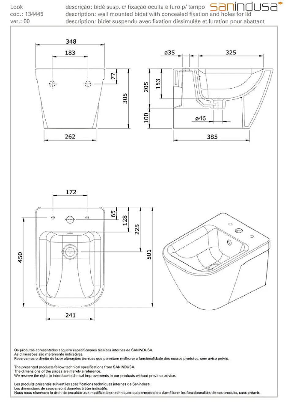 Sanindusa Bidet suspendu céramique traditionnelle Look avec trous pour abattant blanc (abattant, robinet et vidage non inclus)* Bidet