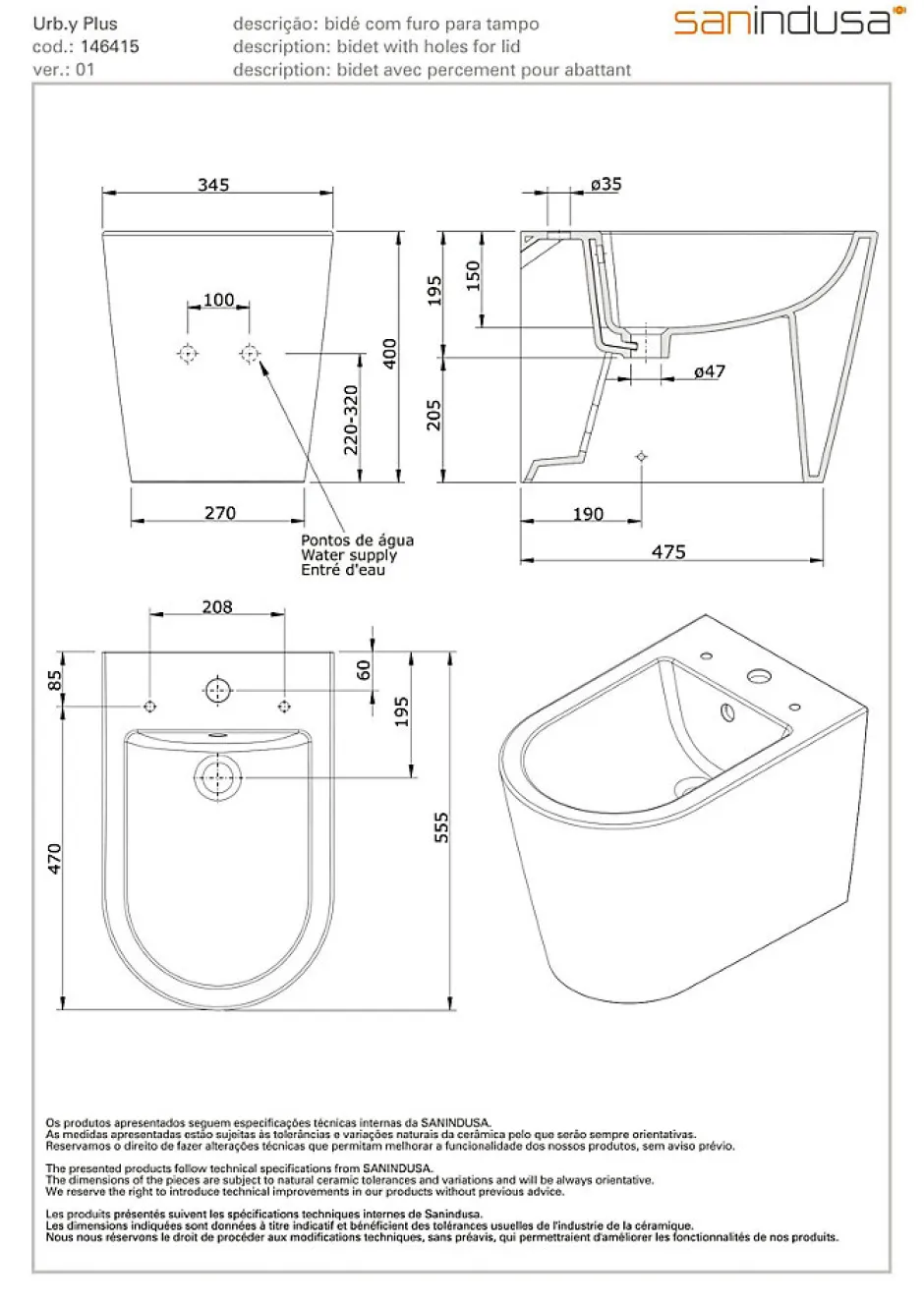 Sanindusa Bidet UrbY Plus céramique traditionnelle pose au sol avec trous abattant (abattant non compris) blanc* Bidet