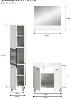 Xonox Boston - Ensemble de 3 meubles de salle de bains (L/H/P : 102x186x33 cm) en mélaminé blanc, vasque non incluse* Meuble Sous Lavabo