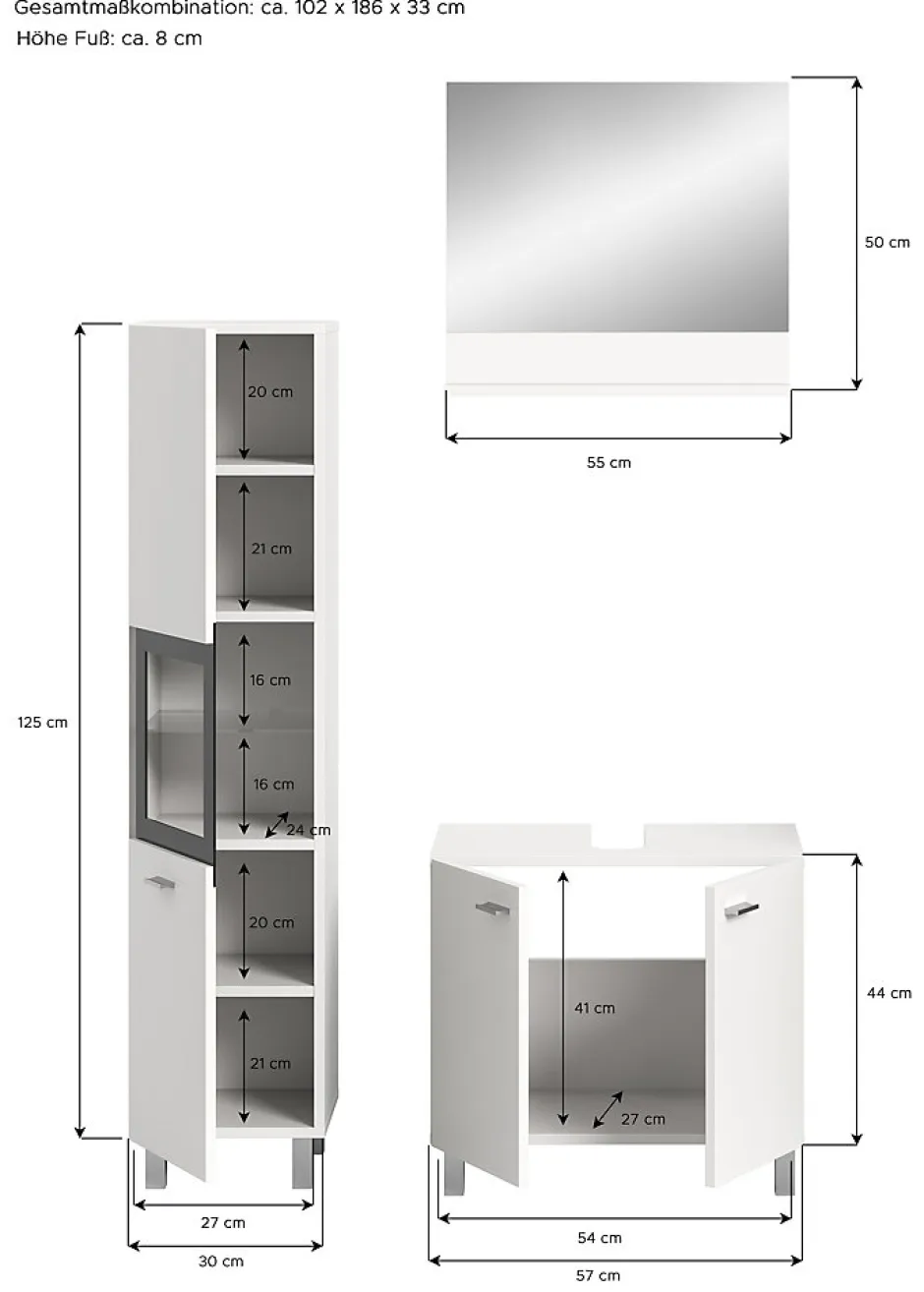 Xonox Boston - Ensemble de 3 meubles de salle de bains (L/H/P : 102x186x33 cm) en mélaminé blanc, vasque non incluse* Meuble Sous Lavabo