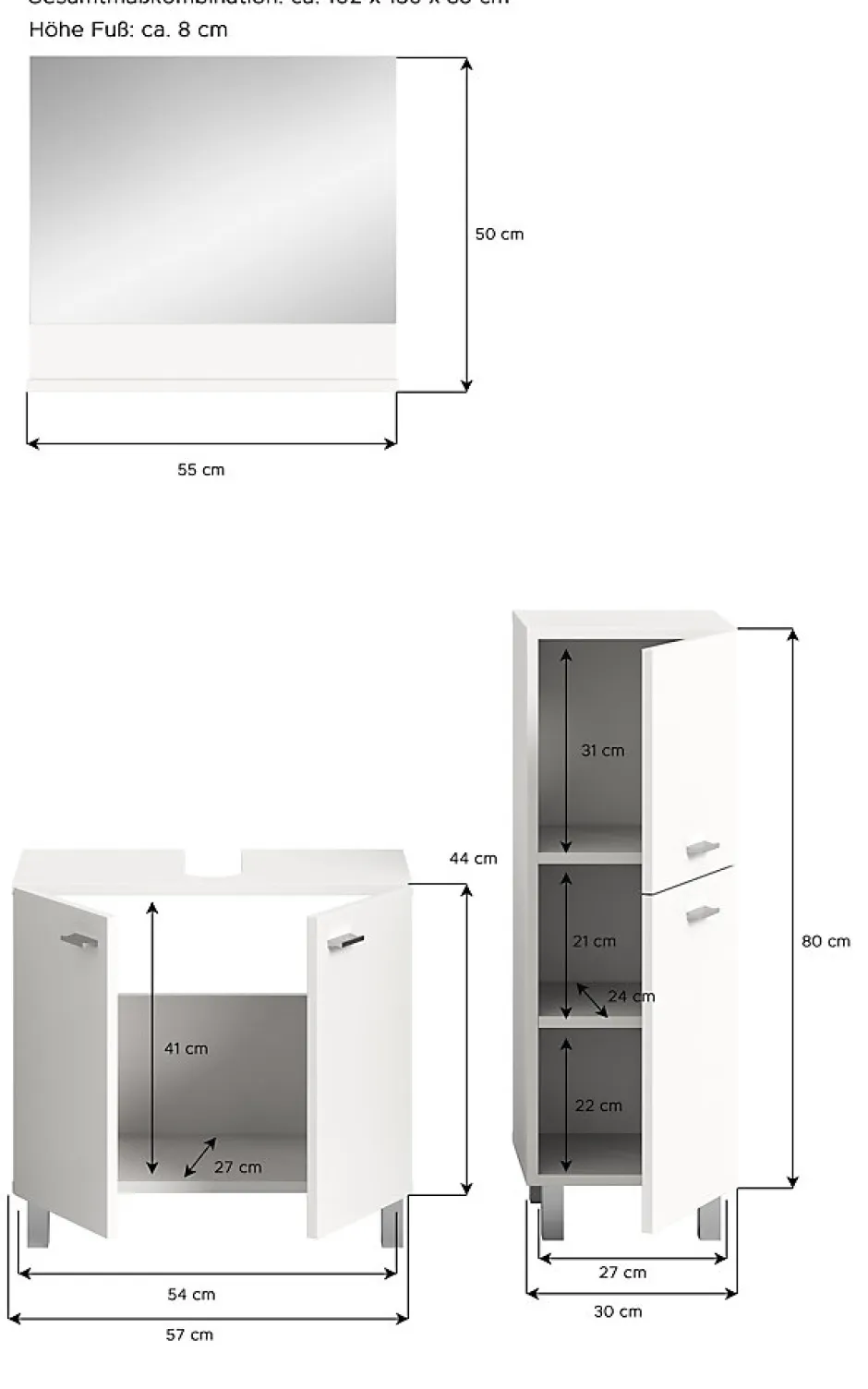 Xonox Boston - Ensemble de 3 meubles de salle de bains (L/H/P : 102x186x33 cm) en mélaminé blanc, vasque non incluse