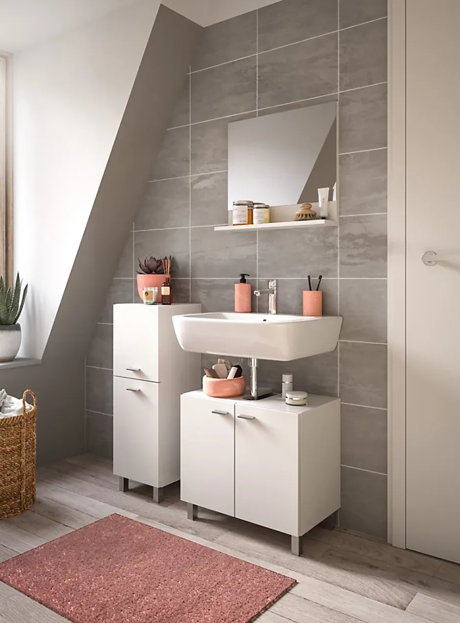 Xonox Boston - Ensemble de 3 meubles de salle de bains (L/H/P : 102x186x33 cm) en mélaminé blanc, vasque non incluse