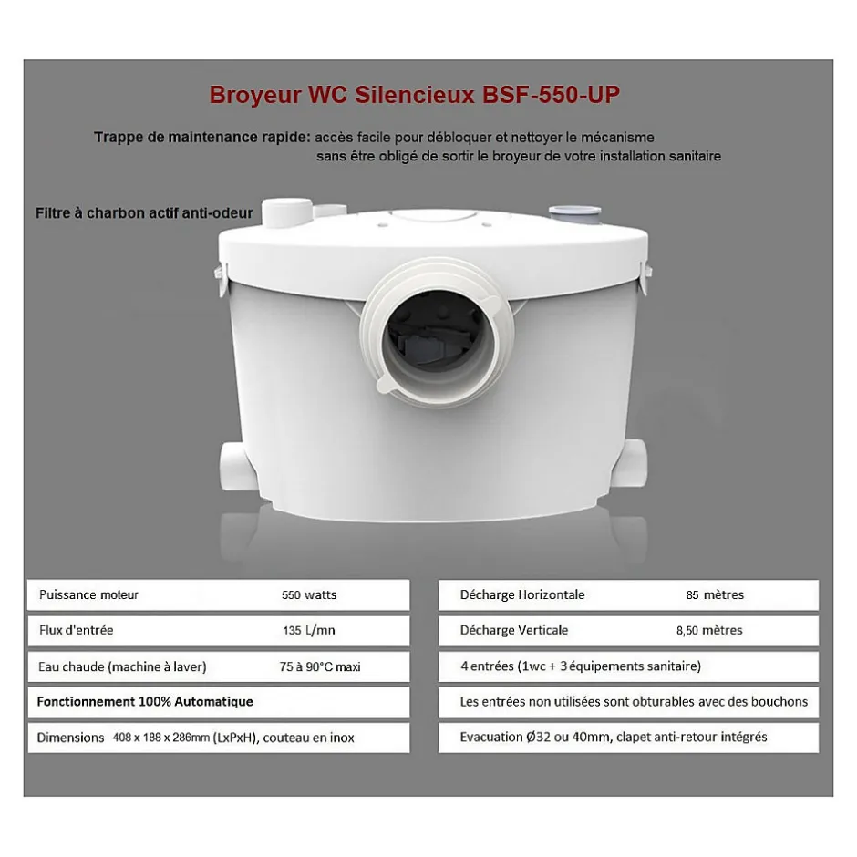 Bsf Broyeur wc adaptable silencieux 550 watts, Broyeur sanitaire -550-UP salle de bain WC, Trappe de maintenance rapide, marque