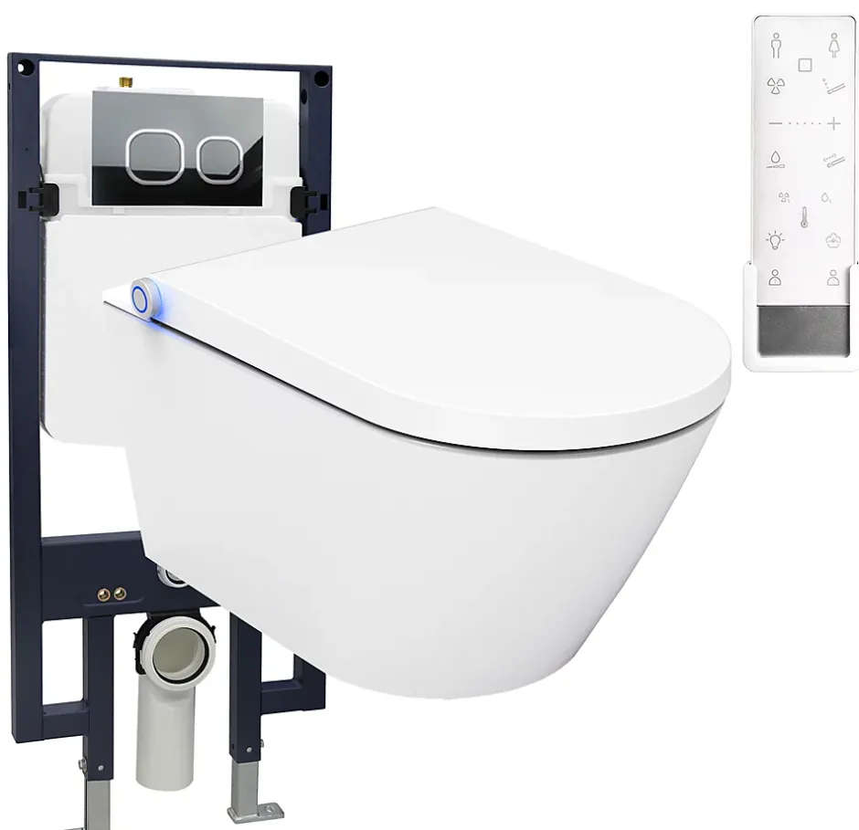 Bernstein Bâti-support Toilettes Japonais céramique, WC lavant japonais + télécommande - 38,4x59,3x38cm - PRO+ 1102 - Plaque 4111 blanc mat