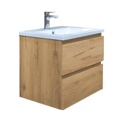 Swiss Aqua Technologies B-Way 59x50x45 cm meuble de salle de bain suspendu 2 tiroirs avec lavabo en marbre coulé, chêne mat (BWAY260OAKU)